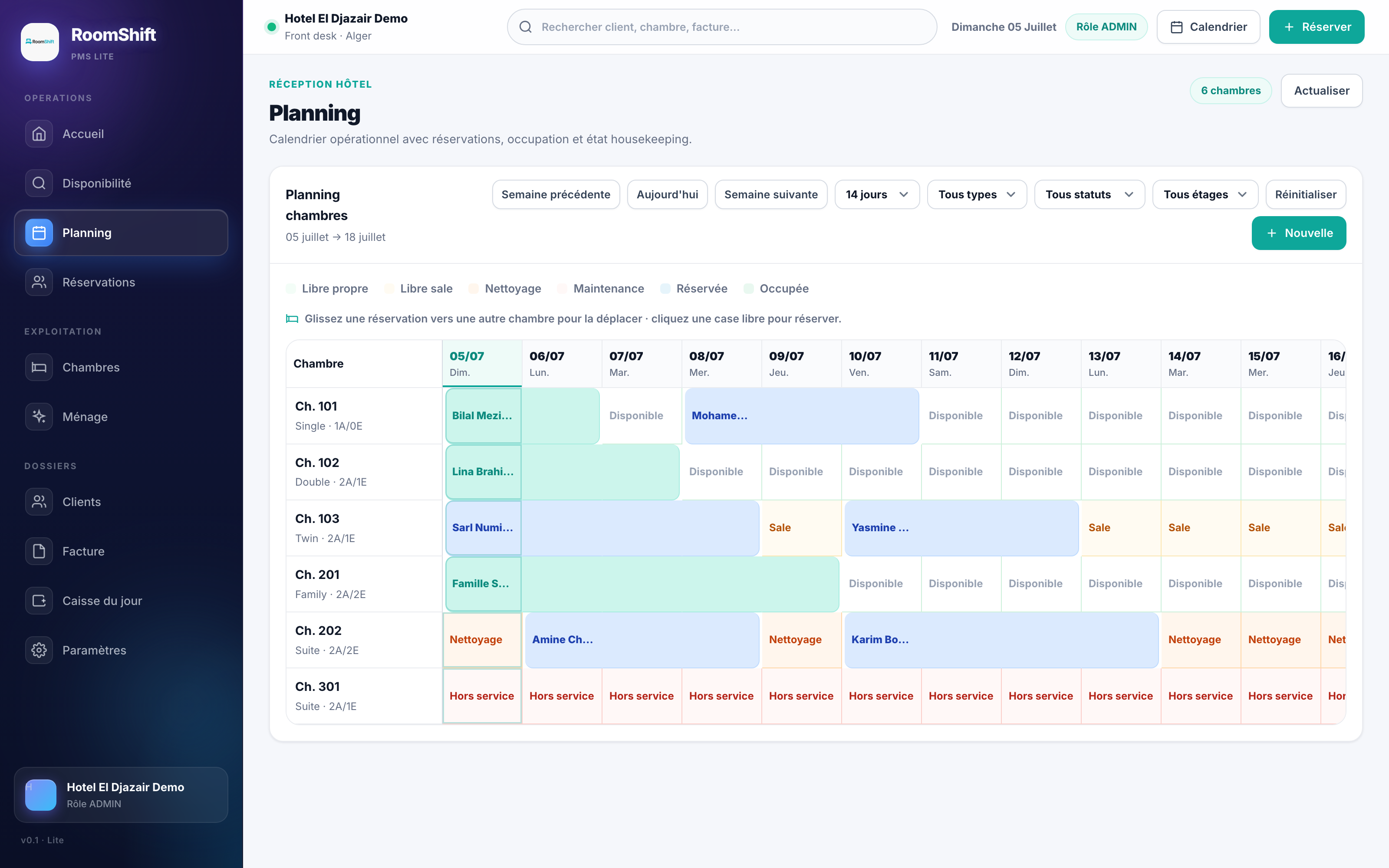 Planning des chambres RoomShift